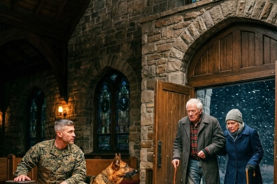 An elderly couple showed up at a church terrified—not of the blizzard, but of going home. A Marine and his K9 sensed the fear before anyone spoke. What they found behind a locked bedroom door changed everything.