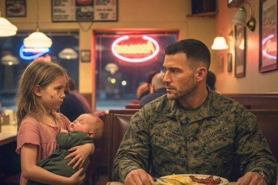 A little girl carrying a baby walked into a diner and whispered to a stranger: Sir, when you’re done… can we eat your leftovers? She wasn’t asking to be saved. But that one question changed four lives forever. The Marine didn’t just give her his plate. He gave her a family.