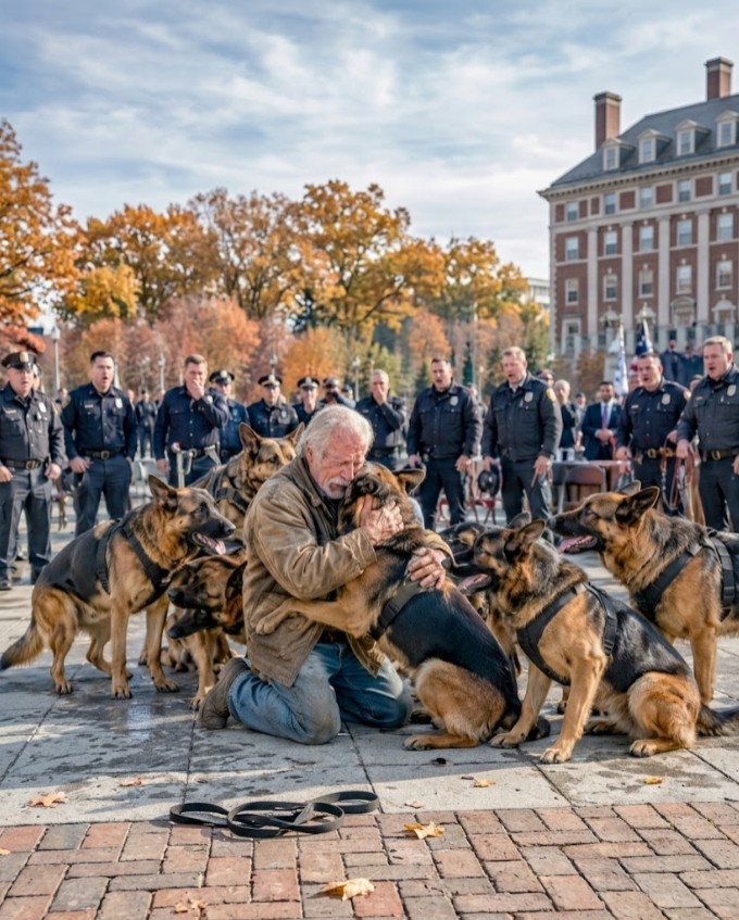 Nobody Knew the Old Farmer at the Memorial — Until 7 K9 Dogs Left Their Handlers and Ran Toward Him