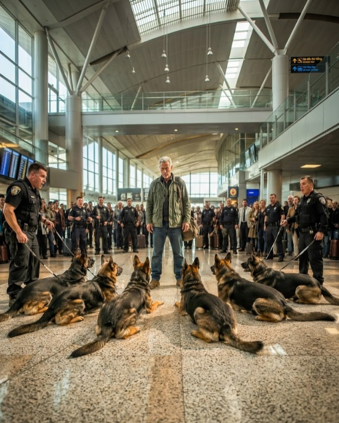 7 Military Dogs Circled the Old SEAL at the Airport — Then He Spoke One Word and They All Dropped