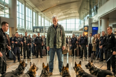 An old SEAL walked through an airport. 7 military dogs surrounded him, snarling. Handlers drew their guns. Then he whispered ONE word—and every single dog dropped to the floor. What happened next made the entire terminal go silent.