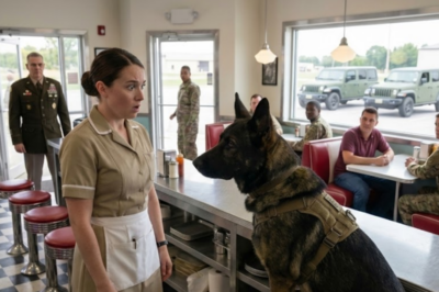She’d been hiding as a diner waitress for 5 years. Then a military dog walked in — and sat down right in front of her. Wouldn’t move. Wouldn’t look away. A 3-star general stepped through the door minutes later. Angel 6. We’ve been looking for you.