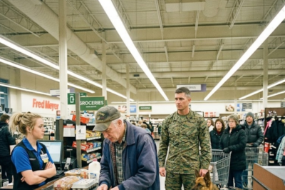 A veteran counted coins for bread. He was $3.86 short. A stranger’s dog growled—not at him, but FOR him. Then came the twist that froze the whole store. What happened outside changed everything. You won’t believe the ending.
