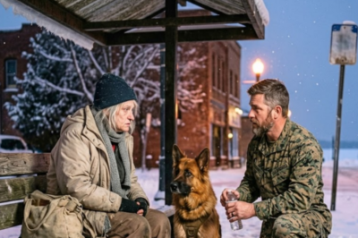 A Marine’s dog stopped cold on a frozen sidewalk — refusing to move. An elderly woman sat alone at a bus stop that hadn’t run in a year. When the Marine helped her up, he noticed bruises under her sleeve.