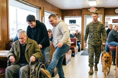 Two guys shoved a wheelchair veteran in a diner. Knocked his plate to the floor. Laughed. Nobody said a word. Then a Marine stood up quietly from the corner. He didn’t yell. Didn’t fight. He just said three words — and made them look the old man in the eyes and apologize.