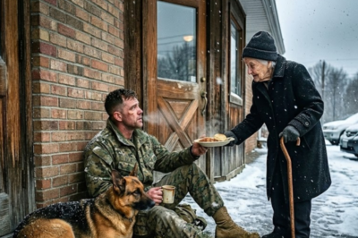 He sat in the snow feeding his last bite to his starving dog. Everyone walked past. Until a 93-year-old woman sat down beside him. But when she finally spoke? She didn’t offer food or money. She gave him something better. A reason to stay.