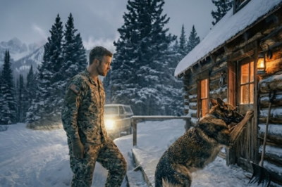 He came home expecting silence. Instead, a pregnant German Shepherd collapsed against his cabin door—frozen, barely breathing, one paw reaching out like she chose that exact spot. But when he felt movement under her ribs? That’s when he realized: this wasn’t an accident.