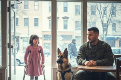 A 9-year-old girl with a prosthetic leg asked every table in the coffee shop if she could sit down. Everyone said no. Then she stopped in front of a quiet Marine and his dog. He nudged the chair out with his boot. No questions asked. What he saw on her arm next changed everything.