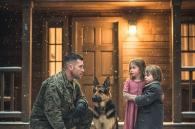 After midnight. A snowstorm. A Marine pulls up to his cabin. His K9 freezes. On the porch: an 8-year-old girl shielding her little brother from the cold. She didn’t cry. She didn’t beg. She just asked: Can we stay one night? Just somewhere dry. He opened the door. That changed everything.