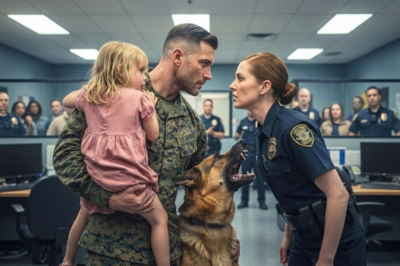 The police station was quiet. A Marine was heading out the door. Then it burst open. A little girl ran straight to him, grabbed his leg, and whispered: Please don’t let her take me. The woman coming to collect her? A police officer. With a badge. With authority.
