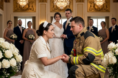 They tried to make her kneel. She was just a waitress with a bleeding hand and a stolen ring in her pocket she didn’t take. Then the most feared fire captain in the city knelt first — not to bow, not to beg, but to lift her chin and say “I protect her because she is precious to me.” The wedding stopped. The truth came out. And he walked her through the whole ballroom with his jacket on her shoulders. Never let them make you small for being soft.
